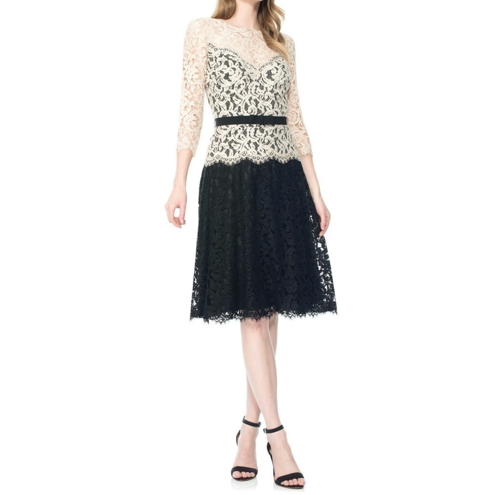TADASHI SHOJI ILLUSION LACE ¾ SLEEVE A-LINE DRESS SIZE 10 LATTE BLACK